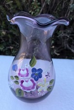 Fenton Art Glass Amethyst Lavender Vase HandPainted Floral Design Ruffled Rim 8"