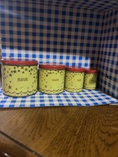 Vintage Mid Century Toy Kitchen Set Featuring A Yellow Atomic Starburst Design