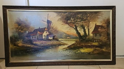 Huile sur toile peinture paysage Lac Moulin Eglise belles couleurs Tableau LOUIS - Photo 1/4