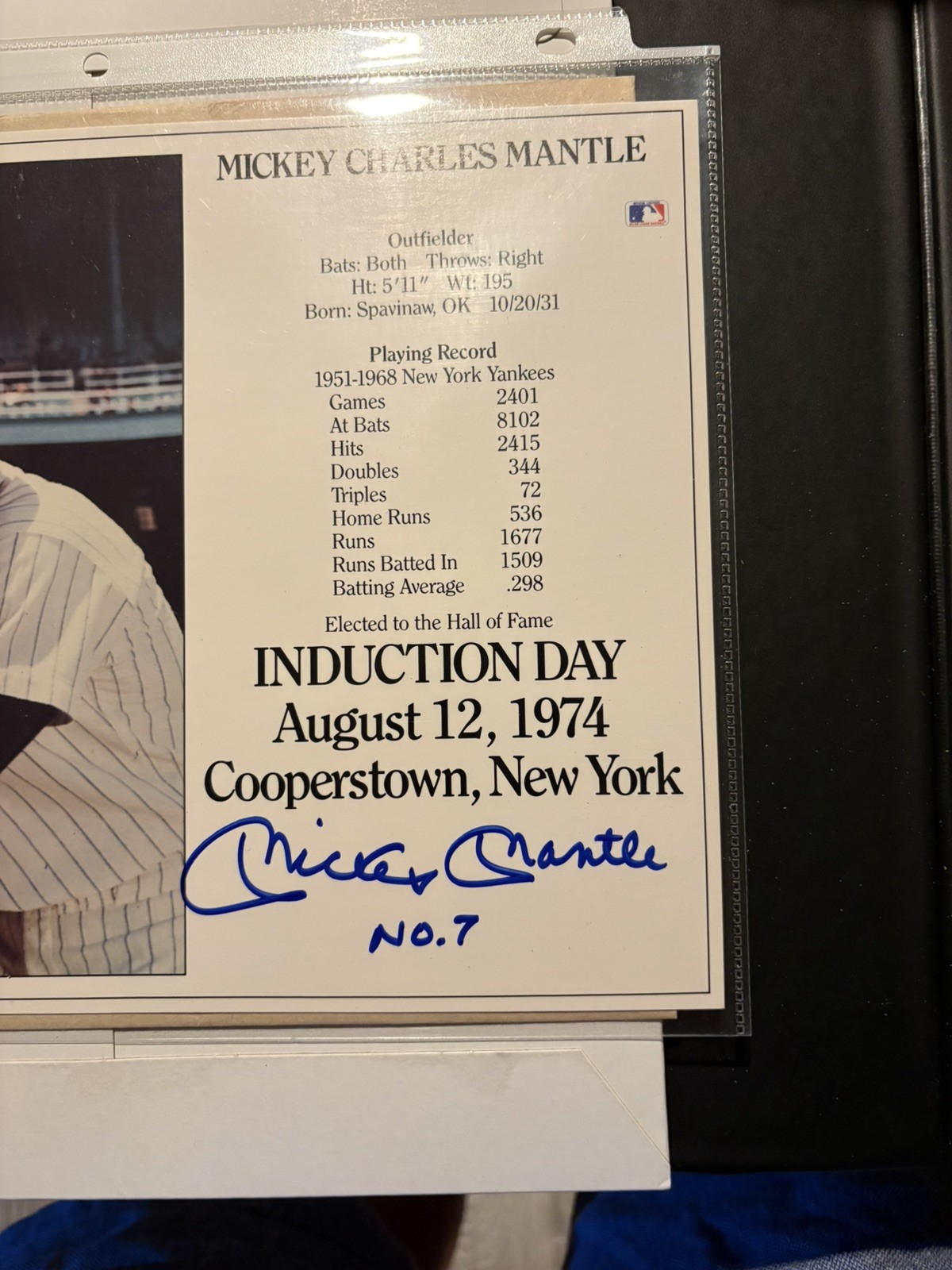 Mickey Mantle Autographed #7 inscription Hall of Fame Induction Card (JSA)