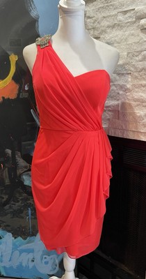 Vintage cache Red One Shoulder Rhinestones Ruched Dress Size 4 