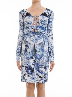 Roberto Cavalli blue printed jersey tie-detail dress. Size 46