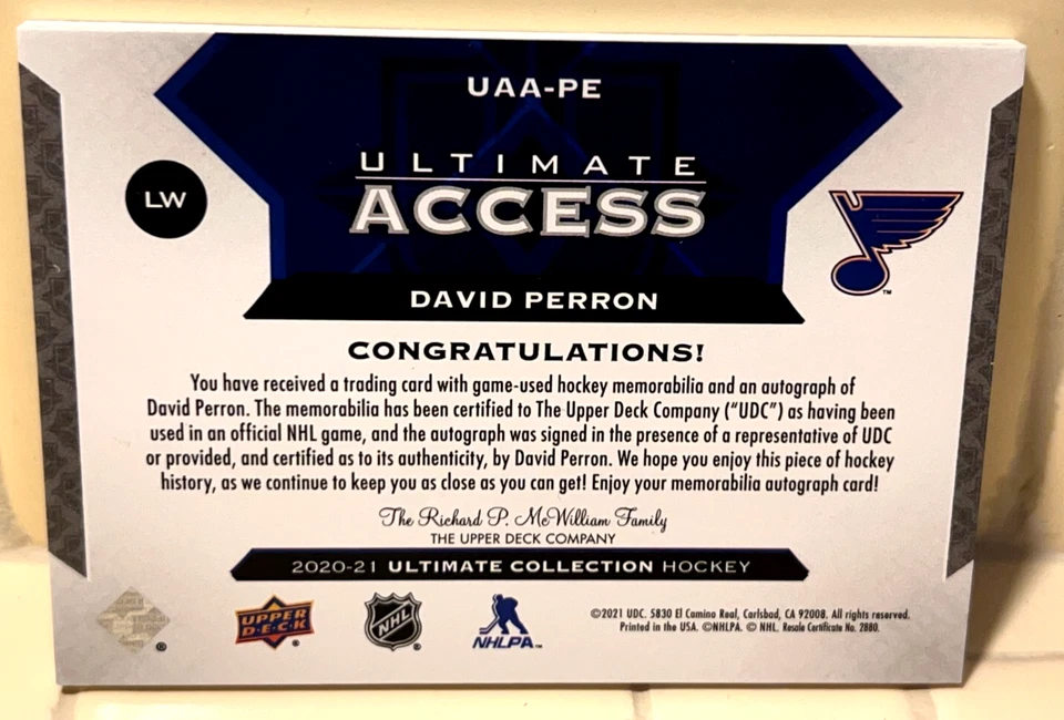 2020-21 UD David Perron Ultimate Auto Laundry Tag # 3/6!  - Image 2 of 2