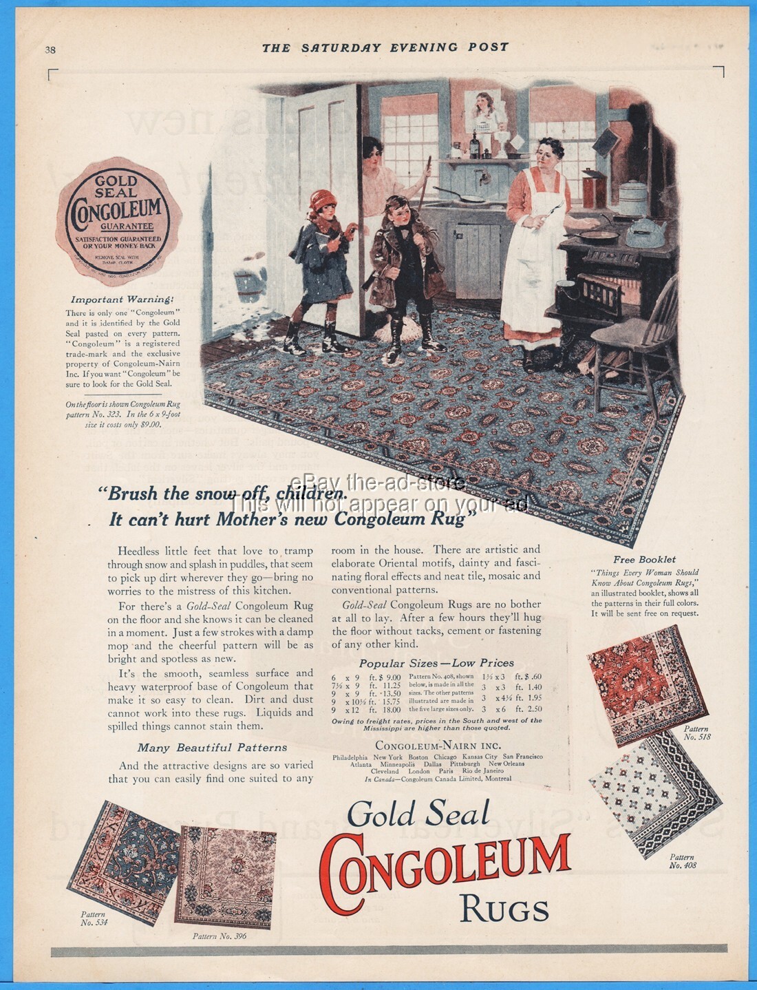 1925 Congoleum Gold Seal Rugs Flooring Children Mother Family Kitchen