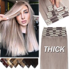 Russian Grey Double Weft Real Remy Human Hair Extensions Clip In Full Head THICK