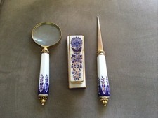 Ensemble de bureau en laiton porcelaine bleu cobalt et blanc