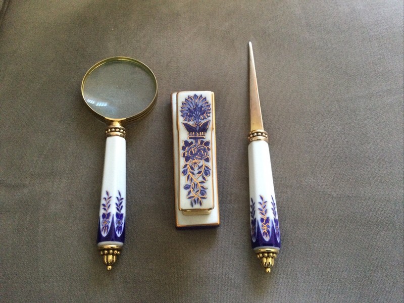 Cobalt Blue & White Porcelain  Brass Desk Set