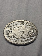 Oval Western Floral Belt Buckle Silver Tone Scalloped Engraved Unmarked