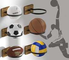 6 Pcs Wall Mount Basketball Holder with Wooden Base, Ball Storage Holders Dis...