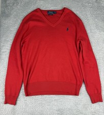 Polo Ralph Lauren Pima Cotton V Neck Sweater Red Pony Logo Men Size S Preppy