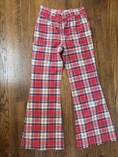 Vintage 1970s Wrangler Plaid Bell Bottom Pants Size 11/12 Red Blue Tan Plaid