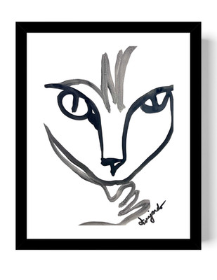 GUAJARDO Original Contemporary Line Cat Licking Paw 12X9 Paper Signed Art