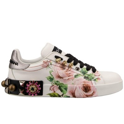 DOLCE & GABBANA Rose Kristall Perlen Nieten Sneaker Schuhe PORTOFINO Weiß Pink 