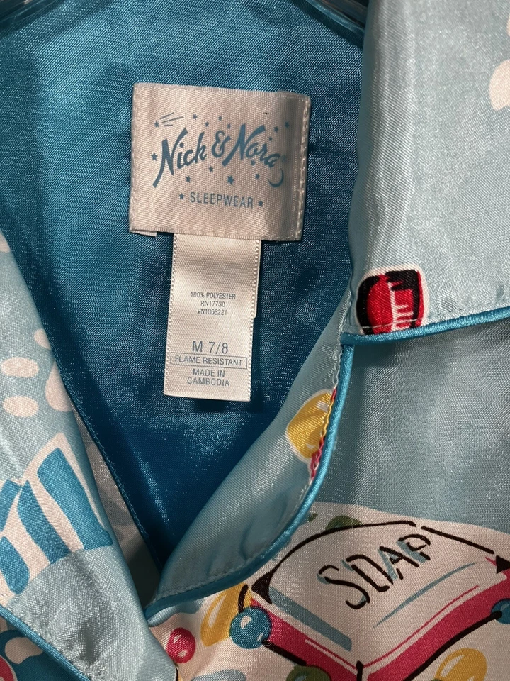 Top de pijama Nick & Nora juvenil 7/8 perro hora del baño azul suave satinado tejido bolsillos LS Foto 3 de 4