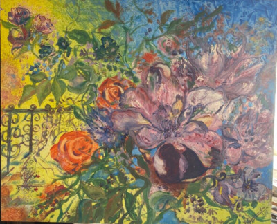 ::OIL PAINTING SIGN. WOOL WEAVER MODERN VIEW OF A ROSE GARDEN WITH FENCE