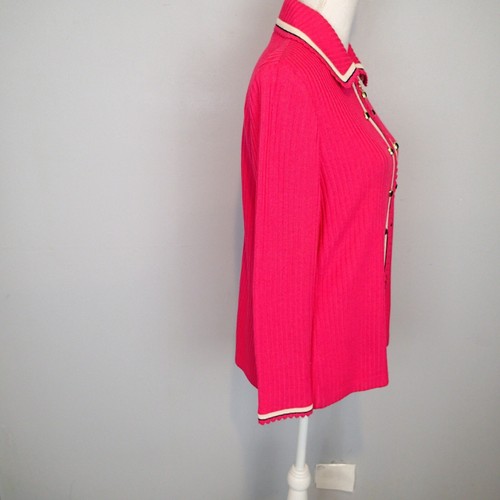 ST. JOHN COLLECTION Pink Ribbed Zip Up Sweater/Jacket White Black Trim Size 8 - Picture 7 of 22
