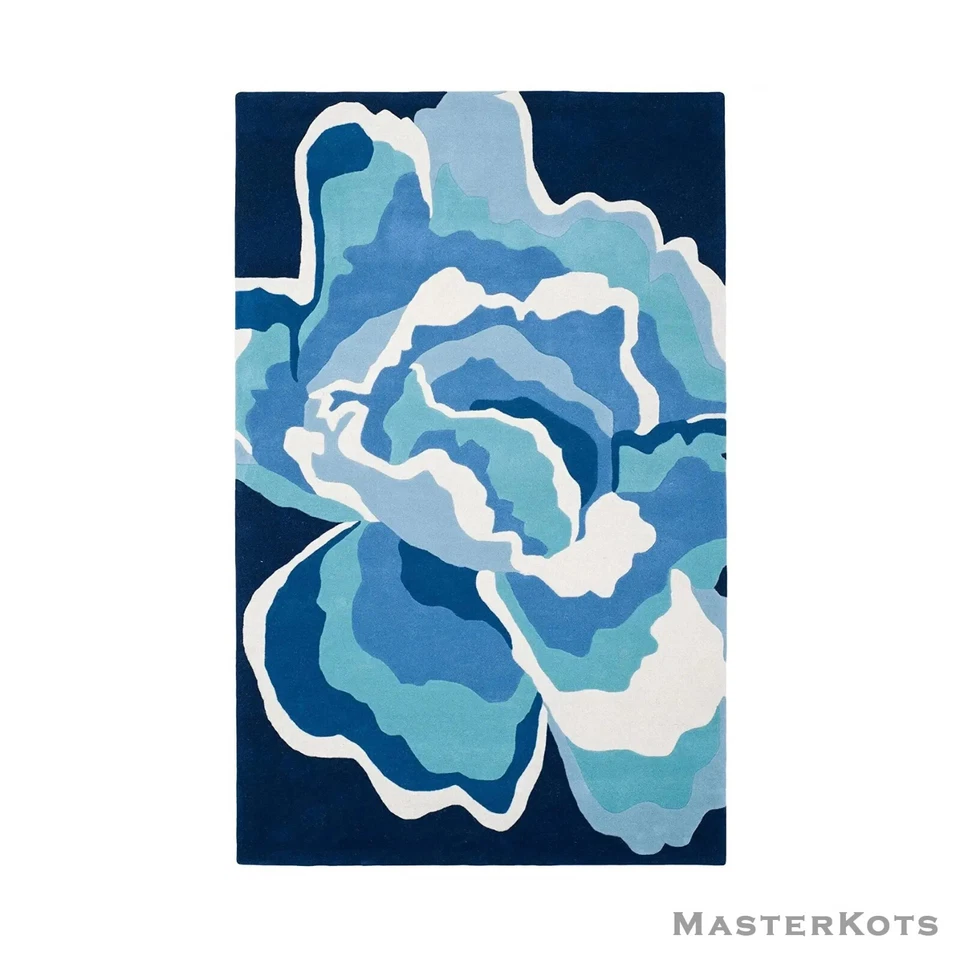 Blau & Weiß Rosen Blumen Handgetuftet 100% Wolle Weich Bereich Teppich - Bild 3 von 3