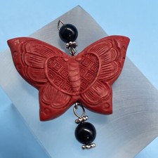 Carved Red Cinnabar Butterfly Pendant with Black Beads Silver-Tone VTG