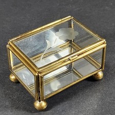 Brass Glass Small Trinket Display Box Footed Etched Lid Mirror Bottom 2"X2.5"