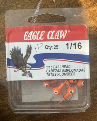 NEW EagleClaw 1/16 OZ. JIG HEADS 25 QTY Orange Double Eye - FREE SHIPPING!