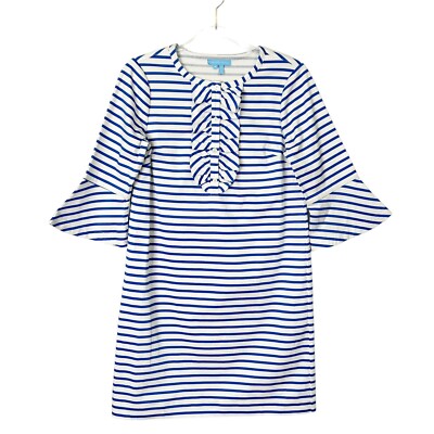 Draper James Ruffle Shift Dress Women s Size 2 Blue White Sailor Stripe Coastal