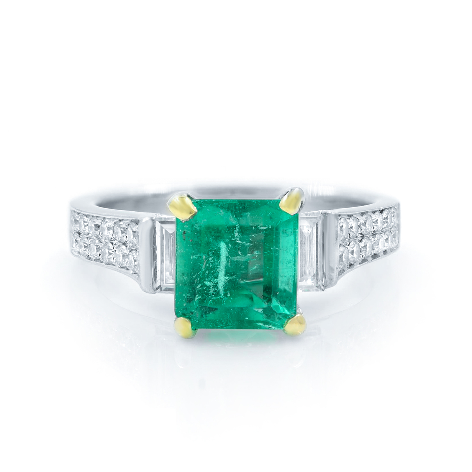 Green Emerald And Diamond Engagement Ring 18K White Gold 1.71Cttw Size 6.5