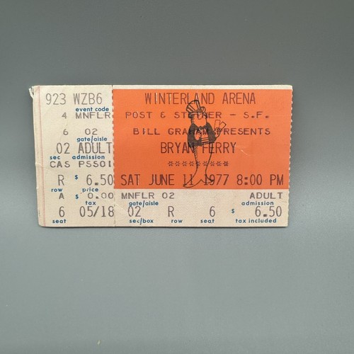 11. JUN 1977 BRYAN FERRY @ WINTERLAND ARENA VINTAGE KONZERT TICKET STUB - Bild 1 von 2