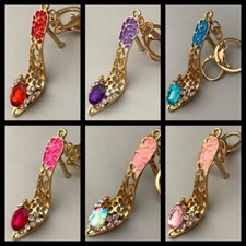 GOLDTONE METAL HIGH HEEL KEY CHAIN SPARKLING CRYSTALS FREE USA SHIPPING