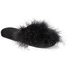 INC International Concepts Deep Black Wedge Faux-Marabou Slippers Small 5-6 New