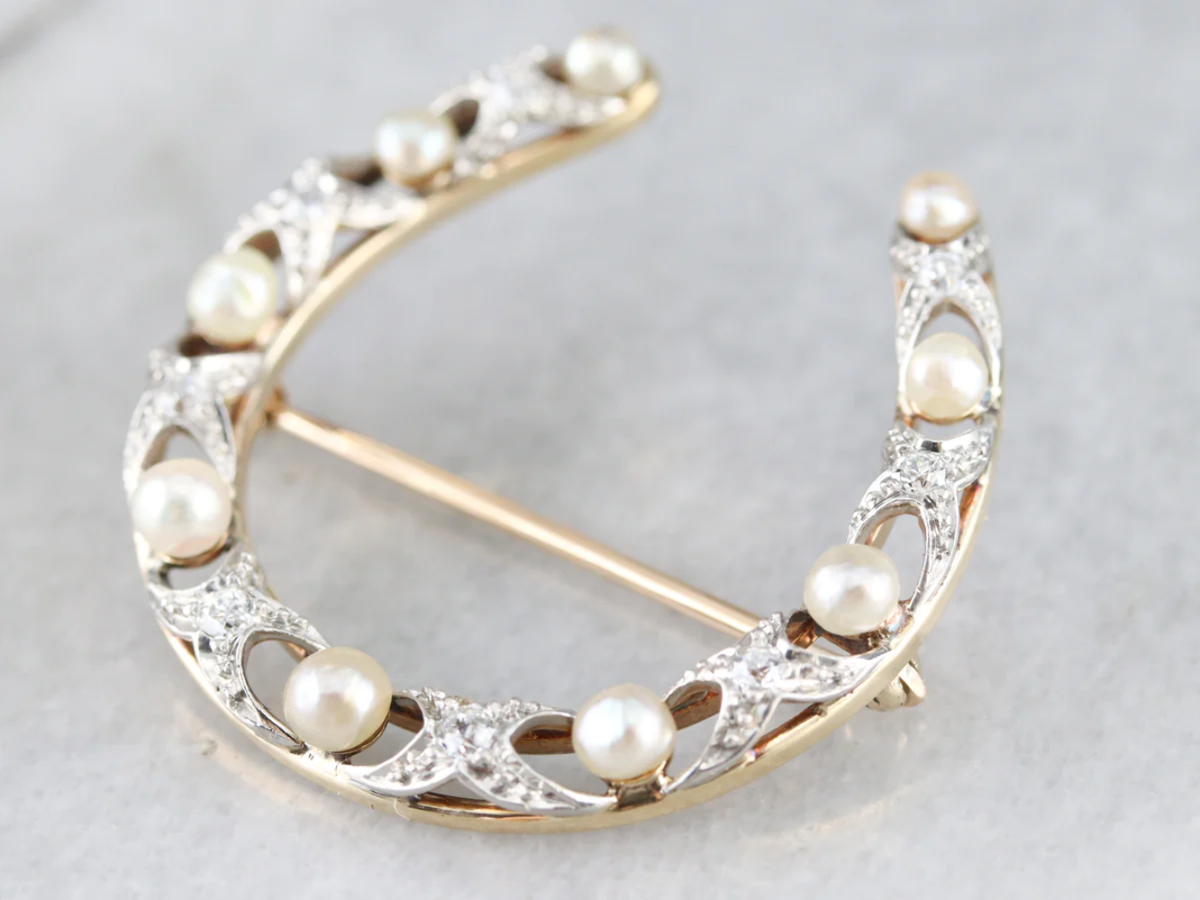 Old Mine Cut Diamond and Pearl Horseshoe Brooch UK