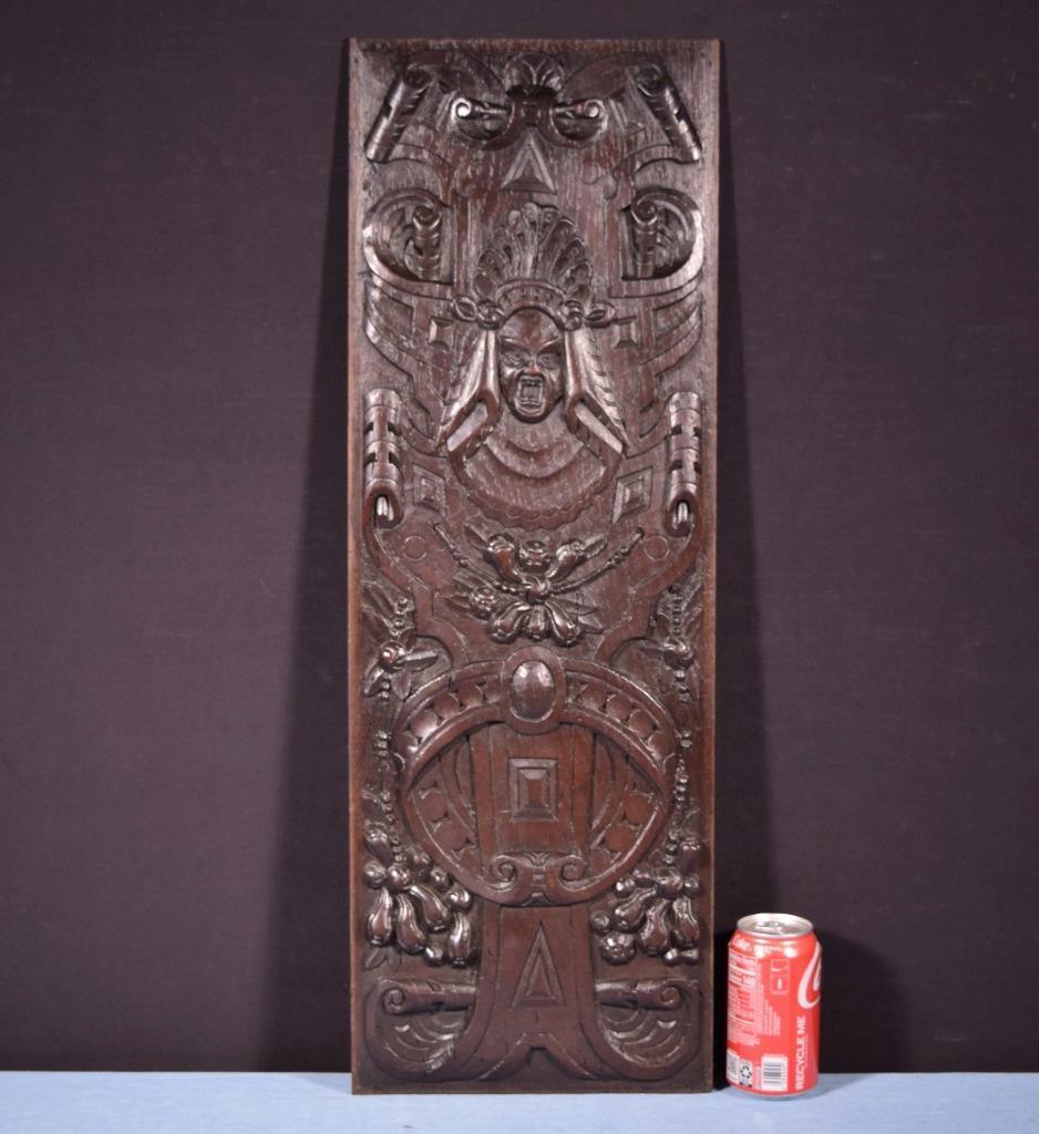 French Antique Deeply Carved Solid Oak Wood Panel with Figure in the Center