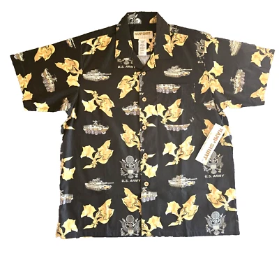 US Army Hawaiian Shirt  Mens Large  Black Floral  Army Tanks Eagle Crest NWT - Image 1 of 4