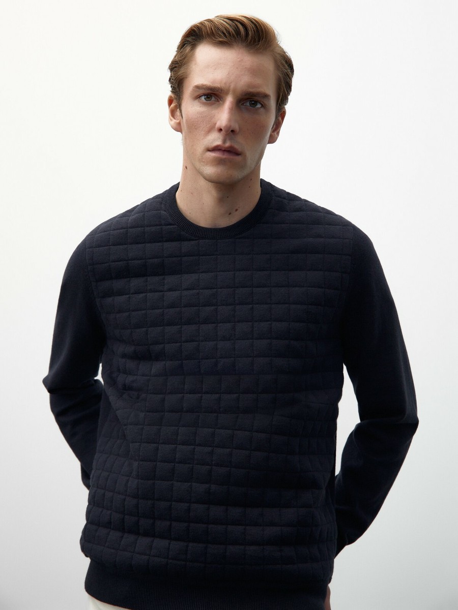 New Massimo Dutti Wool Cotton Sweater Quilted Detail M Navy