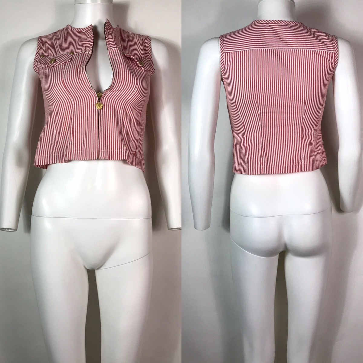 Vtg Gianni Versace Young Red Striped Medusa Button Zip Crop Top XS