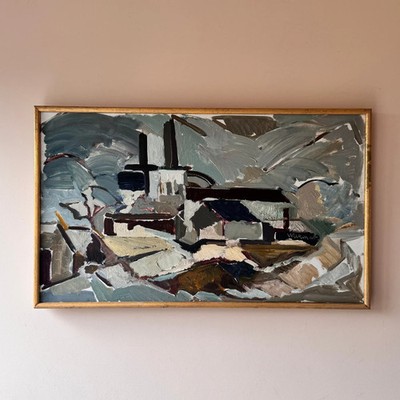 Vintage expressive mid-century painting signed & framed industrial oil painting