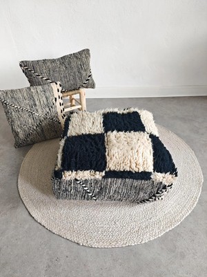 Berber Pouf im Checkerboard Design, Beni Ouarin Bodenkissen Beige Schwarz   Sch