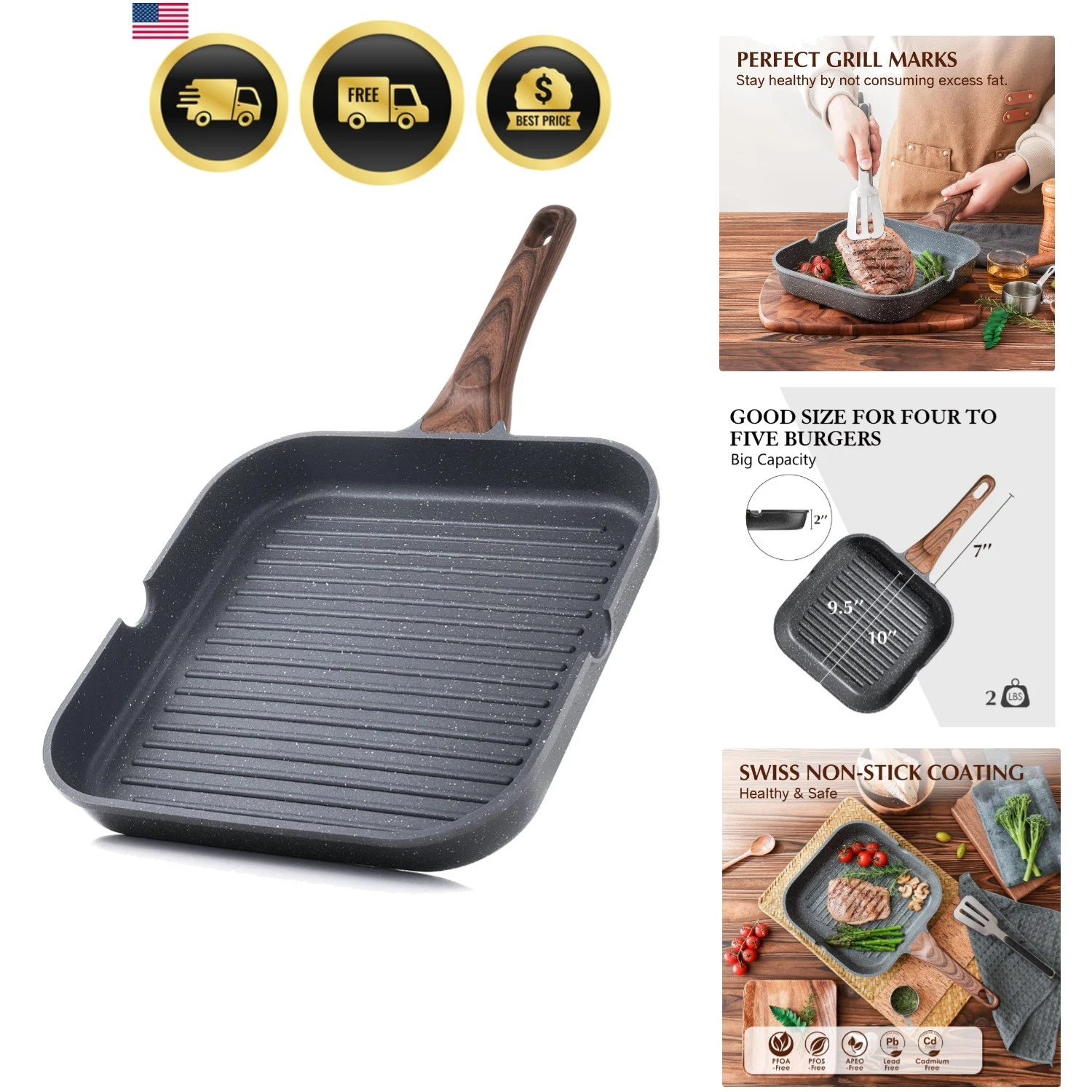 Nonstick Grill Pan for Stove Tops, Versatile Griddle with Pour Spouts, Square...