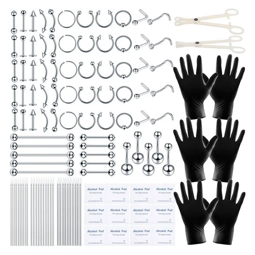 Silver Body Piercing Kit - Surgical Steel 14G 16G BCR CBR Labret Lip Rings, Tool - product listing photo