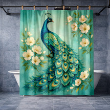 Vibrant Teal White Peacock Floral Shower Curtain Polyester Fabric 72x72in