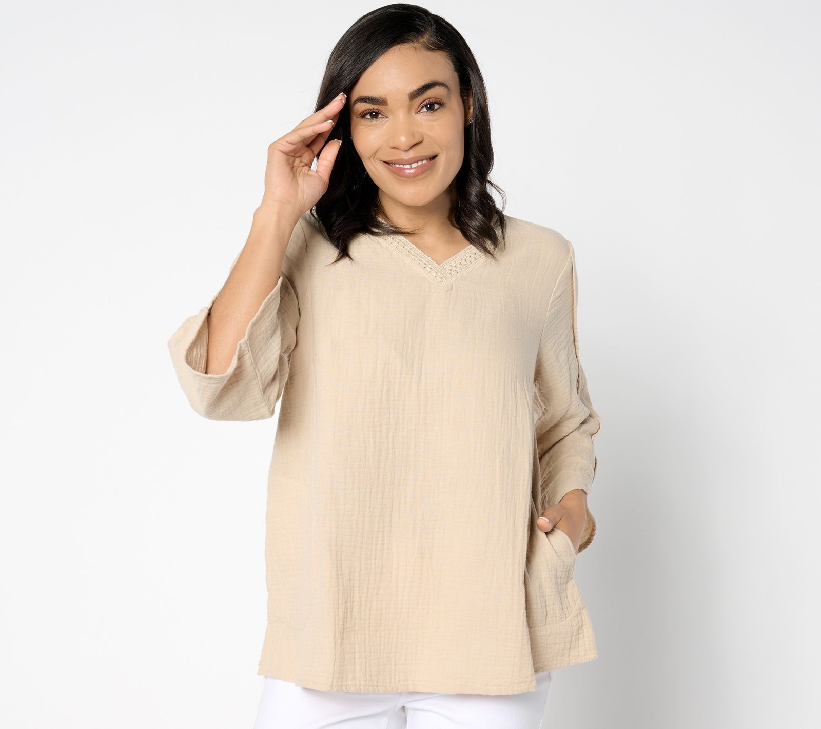 LOGO by Lori Goldstein Women's Top Sz XL Beach to Street Gauze Brown A652636