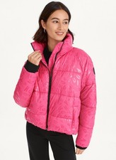  169 Dkny Sport Women's Boxy High-Low Puffer Jacket - Peacock Jumbled Logo L