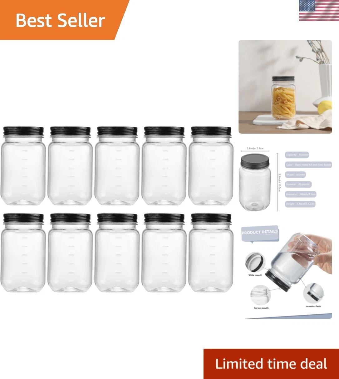 16 oz Clear Plastic Jars with Lids, Refillable 16oz Mason Jars with Lids & St...