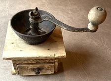 Vintage Coffee Grinder Hand Crank Cast Iron Wood Base w Drawer ~5"x5" 7.5" Tall