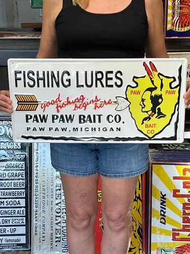 Antique Vintage Style Metal Sign Paw Paw Fishing Lures 24x12 Made in USA