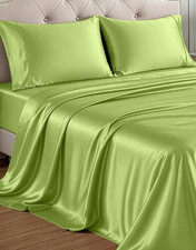 Queen Satin Sheet Set Lime Green Cooling Deep Pocket 4 Piece Bed Sheets