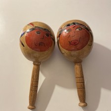 Set Of 2 Vintage Maracas Hand Painted Venezuela Folk Art Wooden Hand Shakers