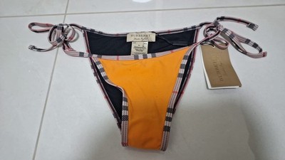 NEW Burberry String Bikini Bottom M  Check Trim, Orange Front And Black Back