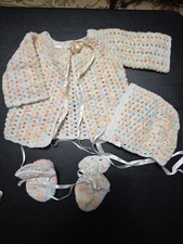 Vintage 1970 Handmade Crocheted Baby Layette Set, Jacket, Hat, Booties