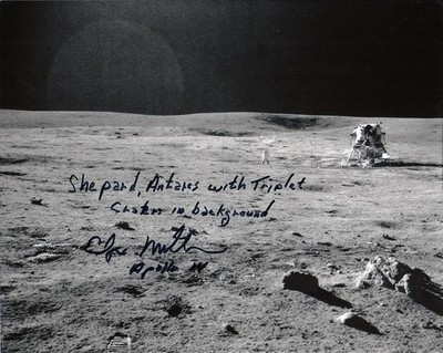 APOLLO 14 MOONWALKER EDGAR MITCHELL SIGNED BW PHOTO EVA SHEPARD AND LUNAR MODULE