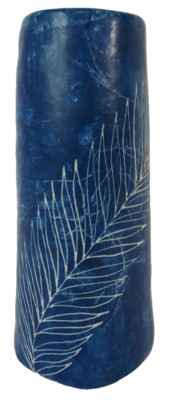 Handmade Pottery Vase Batik Look Cobalt Blue Fern Pattern Ceramic 9'' X 3 3/4''
